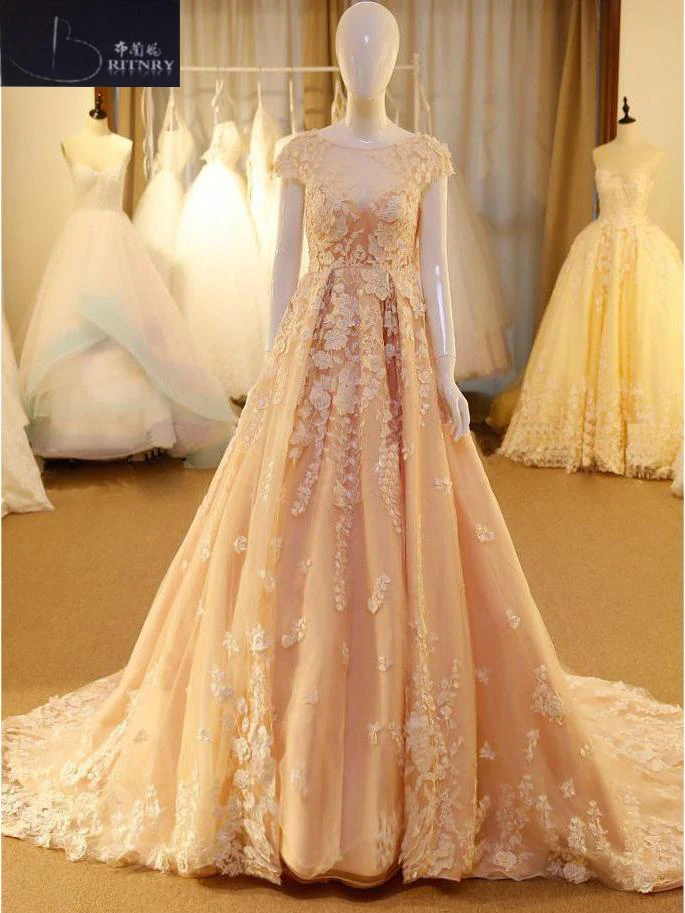 Beste Hot Koop Champagne De Schouder Tulle Trouwjurk 2018 Scoop Een Lijn Applicaties Robe De Mariee Backless Sexy Bruid Jurk