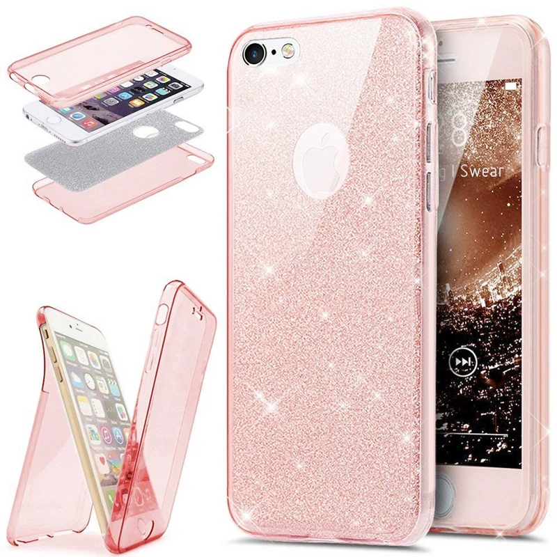 2 in 1 360 Full-Body Protection Glitter Slim TPU Case for Coque iPhone 7 8 Plus 6 6S X 10 Funda Double Face Protector Cover |