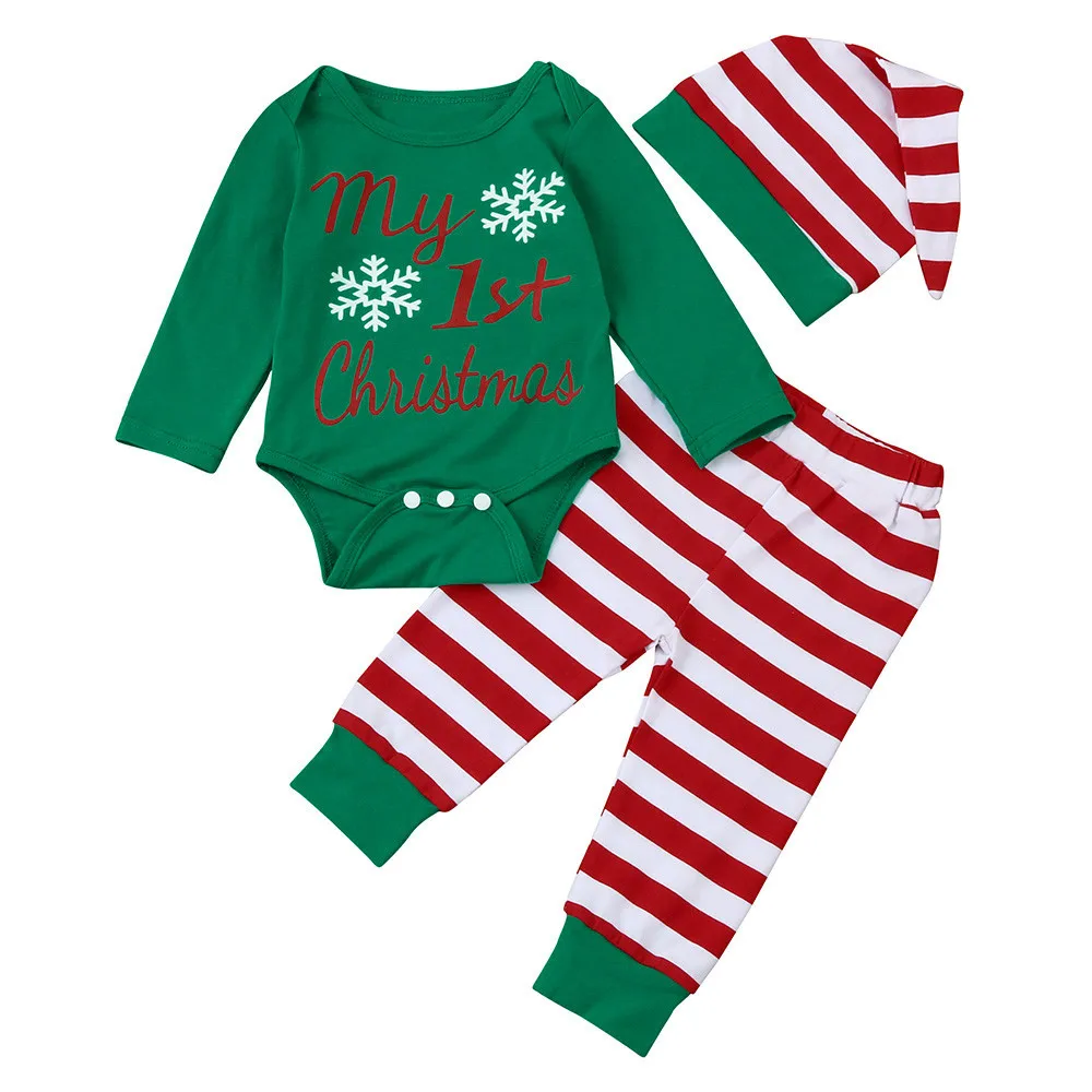 Зеленый Коллекция года, комплект из 2 предметов с надписью «My First Christmas Santa», топы для маленьких мальчиков и девочек, комбинезон, полосатые леггинсы штаны, шапка Санты, пижамный комплект Рождественская одежда для малышей - Цвет: Зеленый