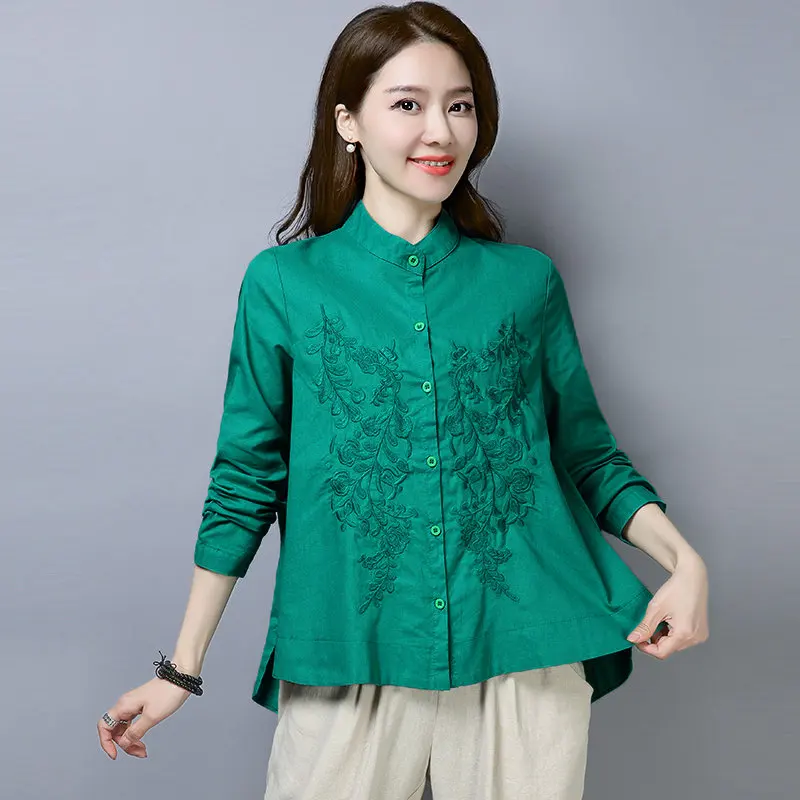 Женская льняная блузка с рукавами летучая мышь и вышивкой однотонная свободная