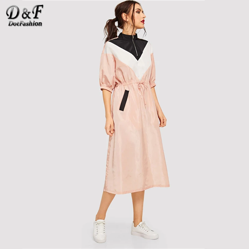 Dotfashion, розовое, на молнии, с завязками спереди, на талии, цветное платье, для женщин, весна, уличная одежда, повседневное, короткий рукав, стоячий воротник, платье
