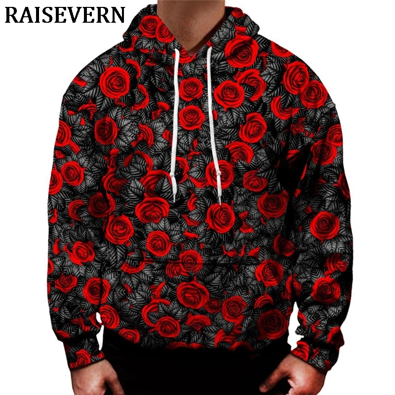 Красные худи с розой 3D принтом толстовка капюшоном пуловер осенний спортивный