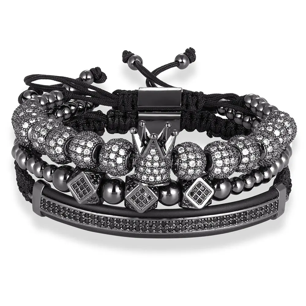 3 шт./компл. панк CZ Micro Pave Корона Бусины Браслет для Для мужчин Для женщин плетеная веревка Сеть класса люкс Модные украшения подарок Размер 16-25 см - Окраска металла: 3pc-Black