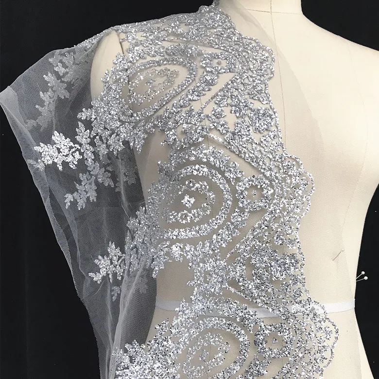 

Pineapple blossom Silver gray shiny Pearl Sequin Lace Trim for wedding dress stage dress lace accessories