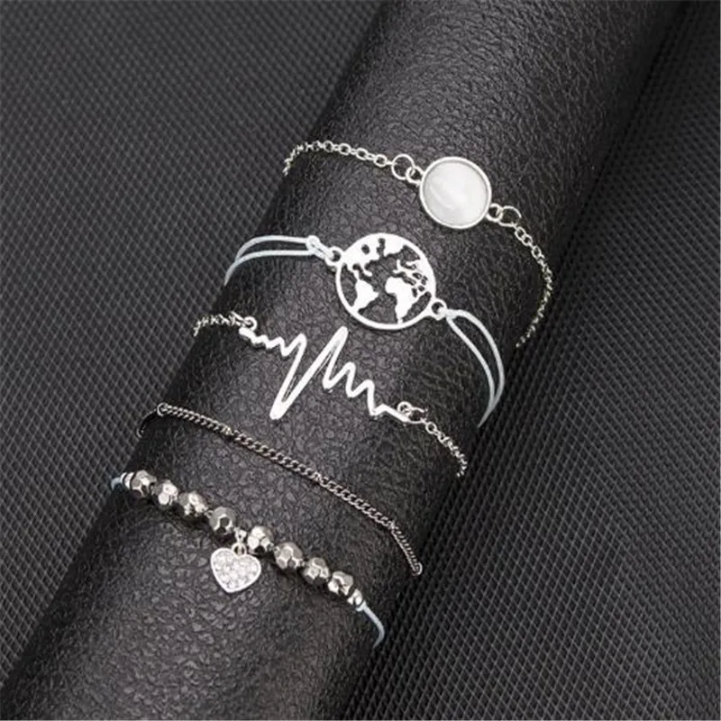 Ахмед 5 шт./компл. Boho сердцебиение карта мира, браслеты с брелоками для Для женщин Серебряный Цвет модный браслет из Цепочки Браслеты Аксессуары