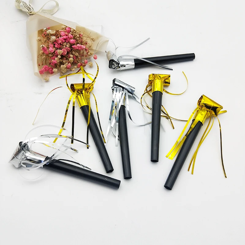10pcs/lot Small Plastic Whistle Paper Blowing Dragon Toys Funny Gold Silver Birthday Party Wedding Decoration Children Supplies