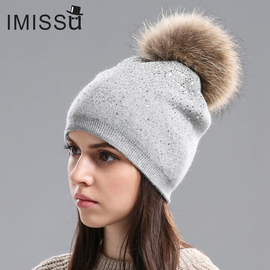 IMISSU женские Зимние Шапки Вязаные Шерстяные Случайный Маска Мех Енота Пом Hat