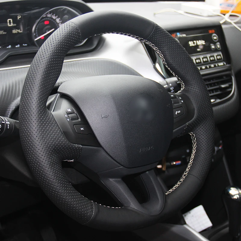 Блестящие пшеницы вручную сшитый черный кожаный руль покрытия для Peugeot 208 2008