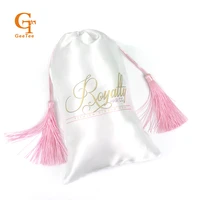 custom logo shop name virgin hair bundle extension packaging bags customized luxuary tassel silk satin bags for hair packaging