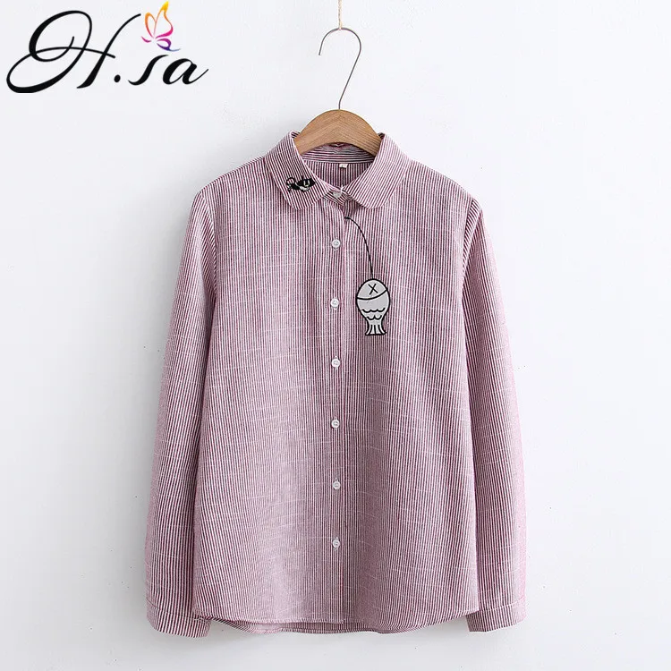 

Женские хлопковые блузки с длинным рукавом H.SA, белые корейские топы с вышивкой в виде рыбы, с героями мультфильмов, в стиле бохо