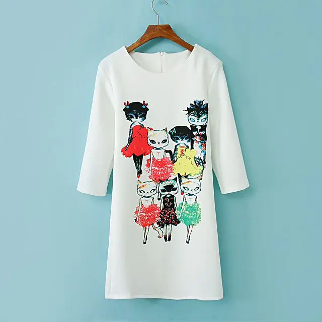 Free shipping hot sale 2014 summer new European and American cartoon cat pattern solid color round neck women's dress P10-05 | Женская