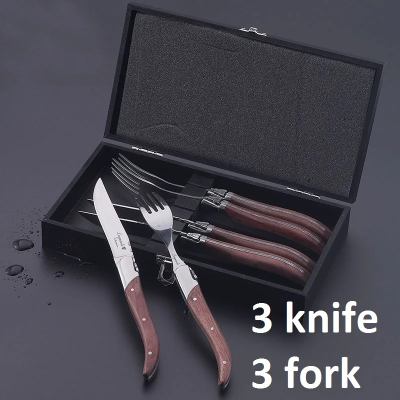 3knife3fork with box 6 шт Нержавеющая сталь стейк нож, вилка, набор w/палисандр ручка стейк столовые приборы деревянной ручкой столовые вилки и ножи столовая посуда 8,7'' - Цвет: 3knife3fork with box