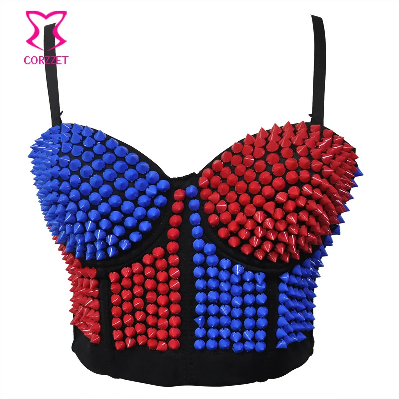 Blue&ampRed Rivets Gothic Soutient Gorge Push Up Bra Sexy Bralette Crop Top Bustier Punk Rock Clothing Dance Clubwear Brasier Mujer | Женская