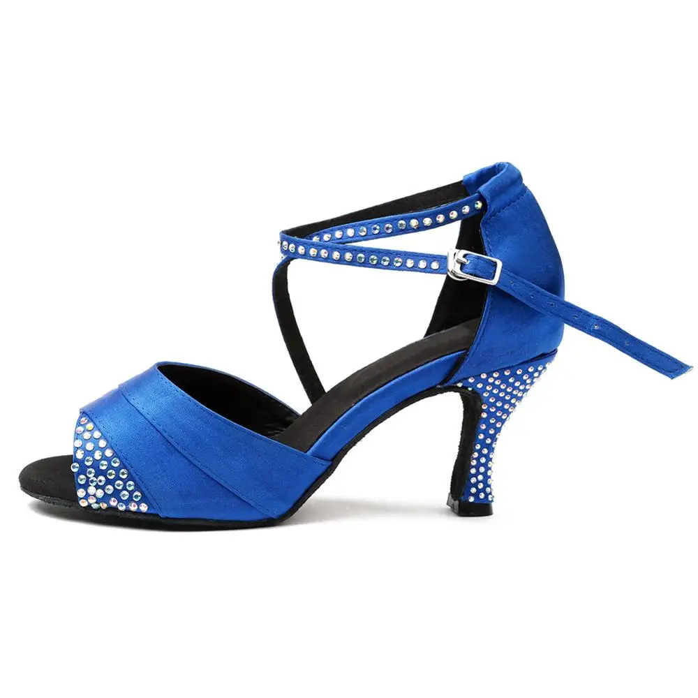 Blue 7.5cm Новинка; обувь для латинских танцев; стразы для женщин и девочек; атласная обувь для танцев в помещении; обувь для танго и сальсы на каблуке; Прямая поставка - Цвет: Blue 7.5cm
