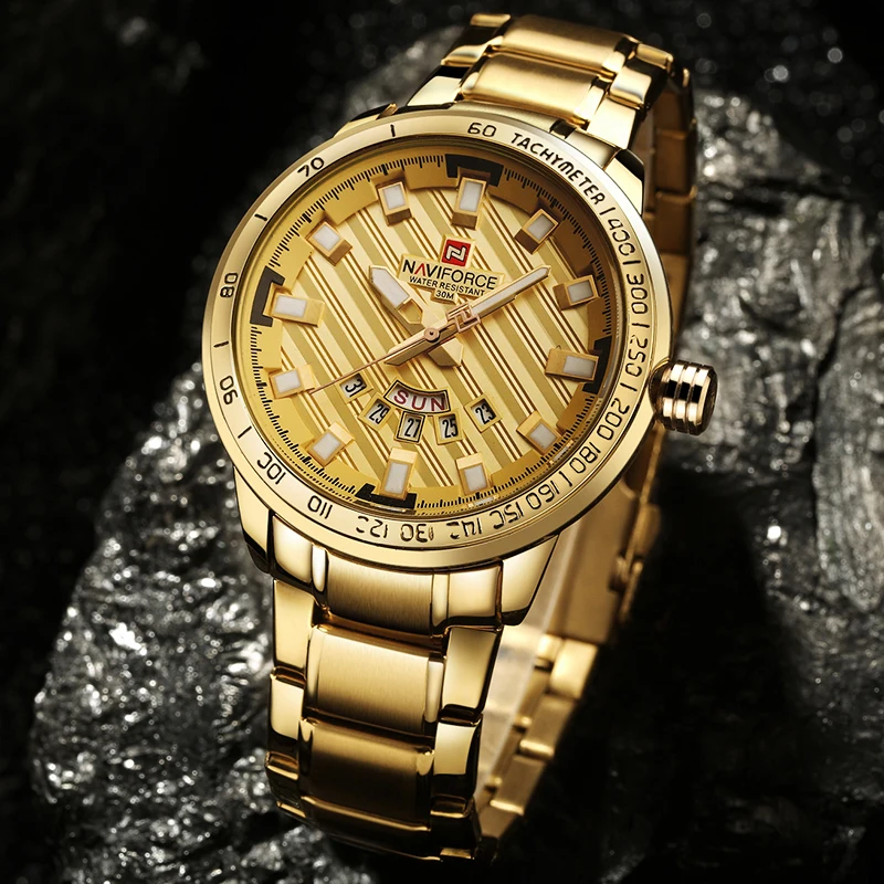 NAVIFORCE Men Gold Watch 3ATM Waterproof Quartz Watches Men's Golden Full Steel Clock Date Luxury Wristwatch Relogio Masculino | Наручные