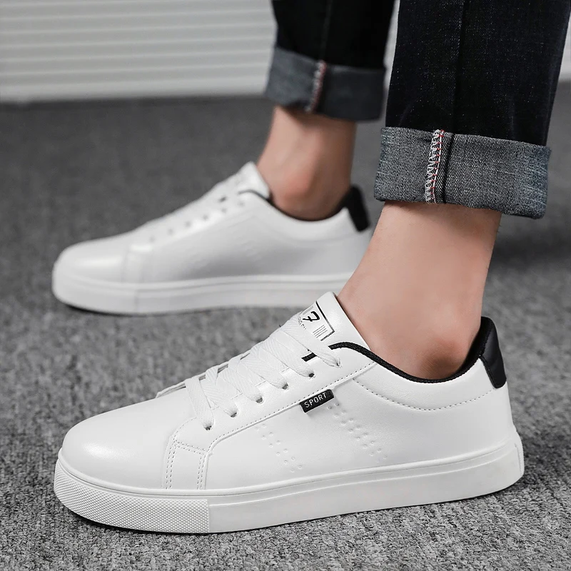 PUPUDA Men Shoes Spring Autumn Casual Leather Flat Lace-up Low Top White Male Sneakers Classic comfortable fashion Korean | Обувь