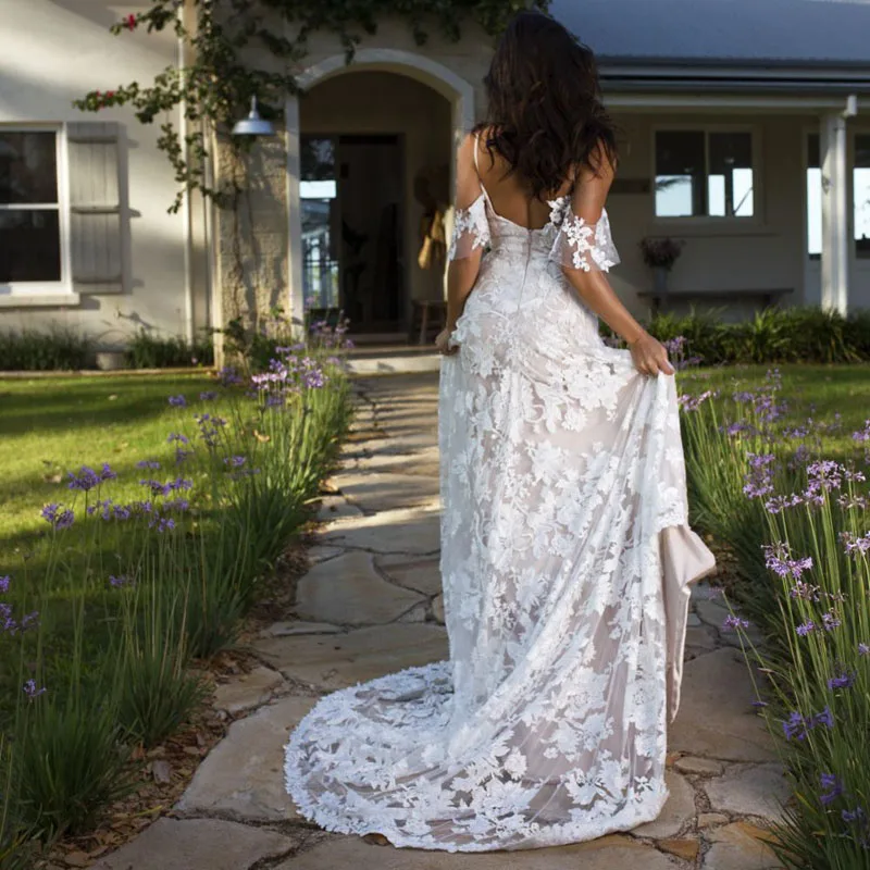 Пляжные свадебные платья Boho свадебный наряд кружева аппликации для свадебных платьев кантри невесты платье - Цвет: Шампанское