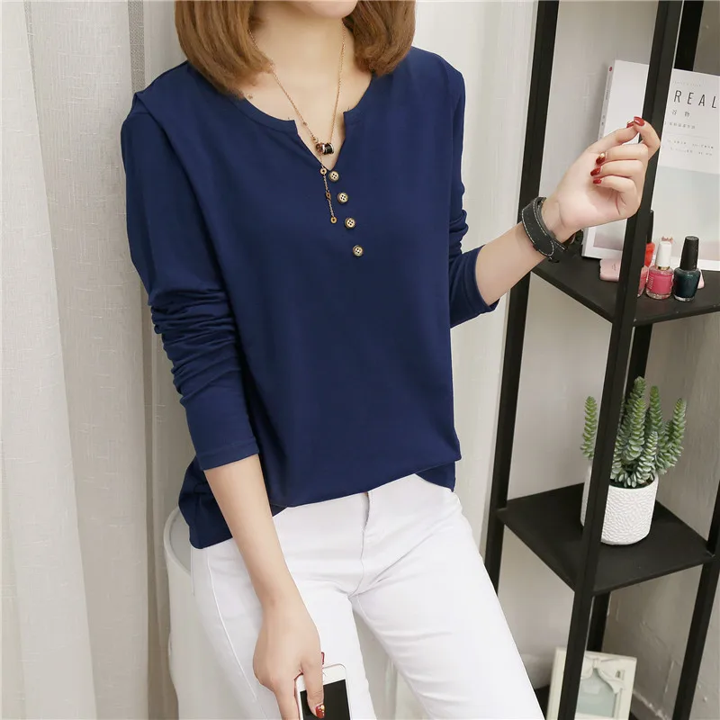 Новые осенние с длинным рукавом Базовая Топ v образным вырезом на пуговицах