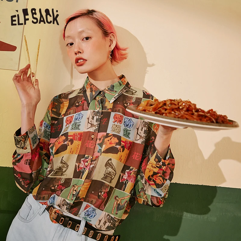 ELF SACK/женские рубашки с винтажным принтом, осень, модные уличные женские блузки с длинным рукавом, офисные женские повседневные топы