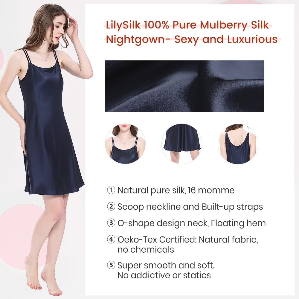 LilySilk ночная рубашка, Женское ночное платье, одежда для сна для девочек, Мини, чистый 100 шелк, 16 momme, женская одежда с круглым вырезом