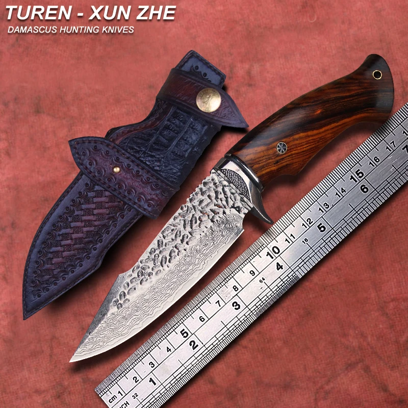 

TUREN-Xun Zhe 60 HRC Handmade Damascus hunting straight knife rosewood/ebony handle with vegetable tanned leather sheath