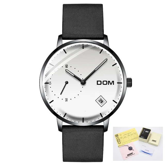 Leather White Мужские часы dom, Роскошные, деловые, водонепроницаемые, уникальные, модные, повседневные, черные, нержавеющая сталь, сетка, кварцевые, мужские часы - Цвет: Leather White
