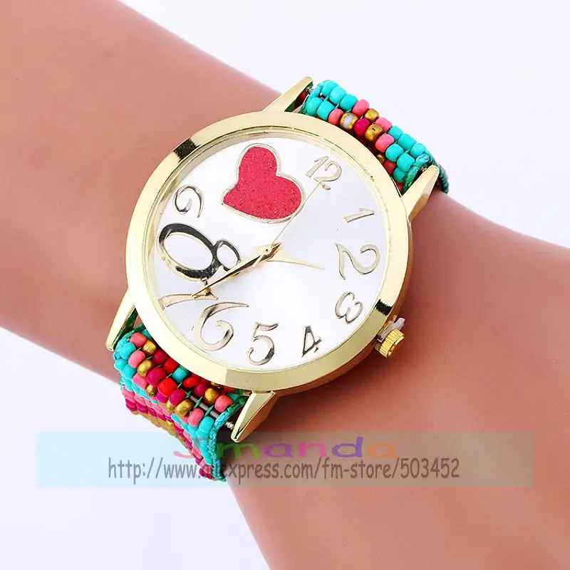 100pcs/lot 918097 women bead rope bracelet watches new ladies casual dress weave love big number watch heart style beaded clock | Наручные
