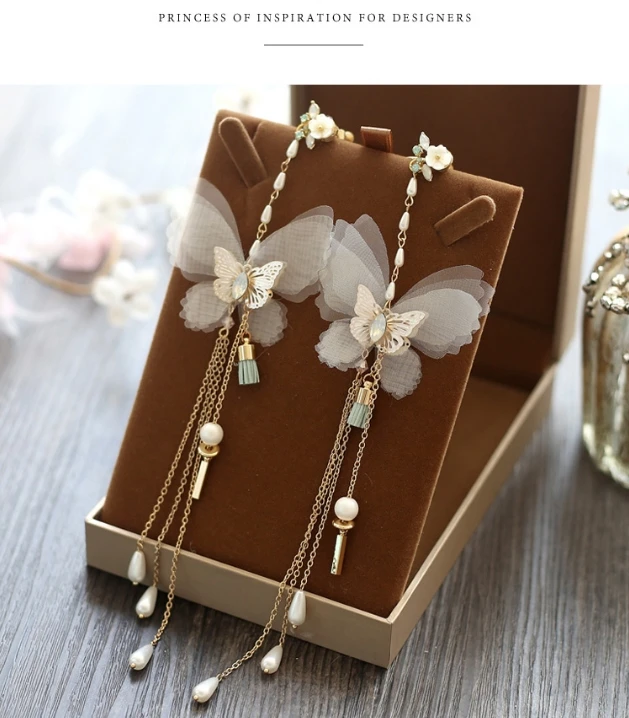 Super fairy butterfly female lo ng tassel earrings bride wedding dress rhinestones without pierced ear clips | Украшения и
