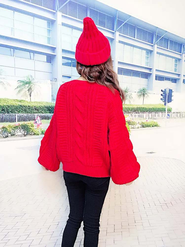 2019 Autumn New Women's Knitting Pullovers Sweater Candy Color Twist Lantern Sleeve O-neck Short Casual Fashion Tops T97620D | Женская