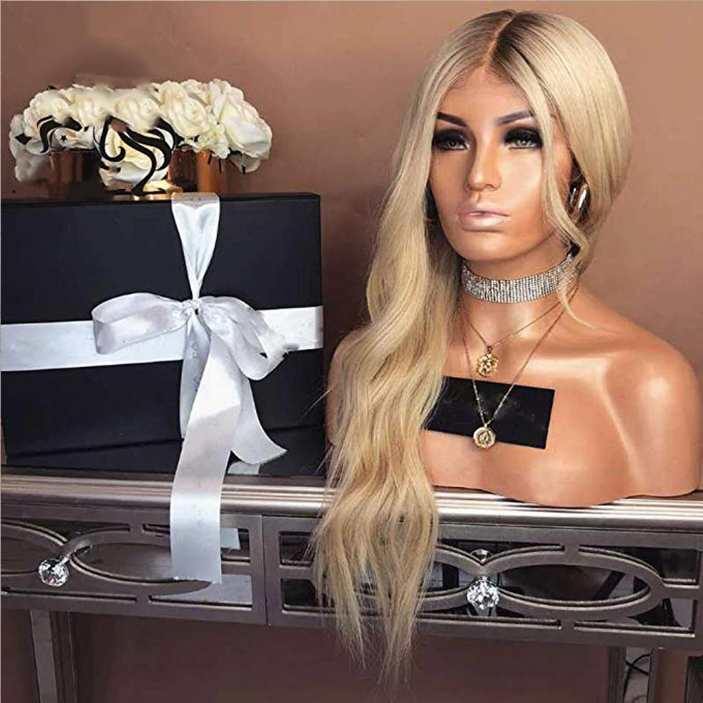 Simbeauty блондинка с эффектом деграде(переход от темного к 13x6 Синтетические волосы на кружеве парик предварительно вырезанные темные корни свободные волнистые бразильские волосы Remy человеческих волос для чернокожих Для женщин