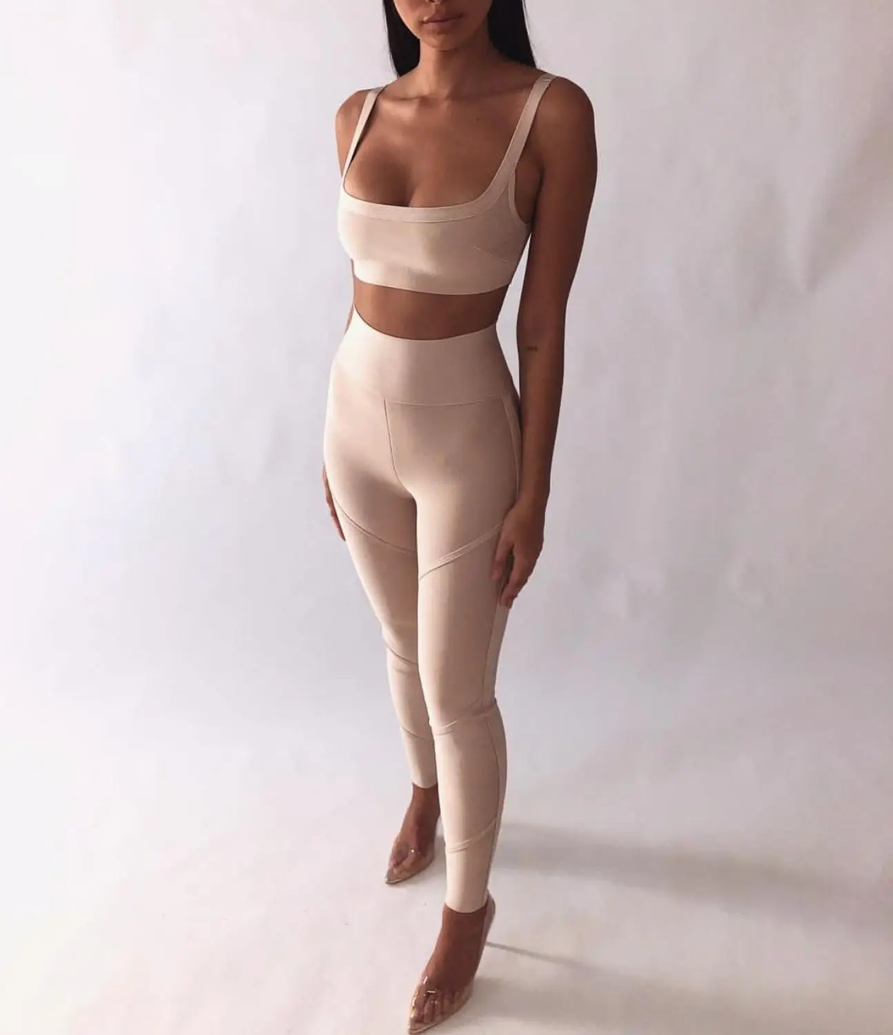 

New Arrival Khaki Color Ladies HL Bandage Jumpsuits Sexy 2 Pieces Bodycon Full length Jumpsuits Celebrity Fashion Wear