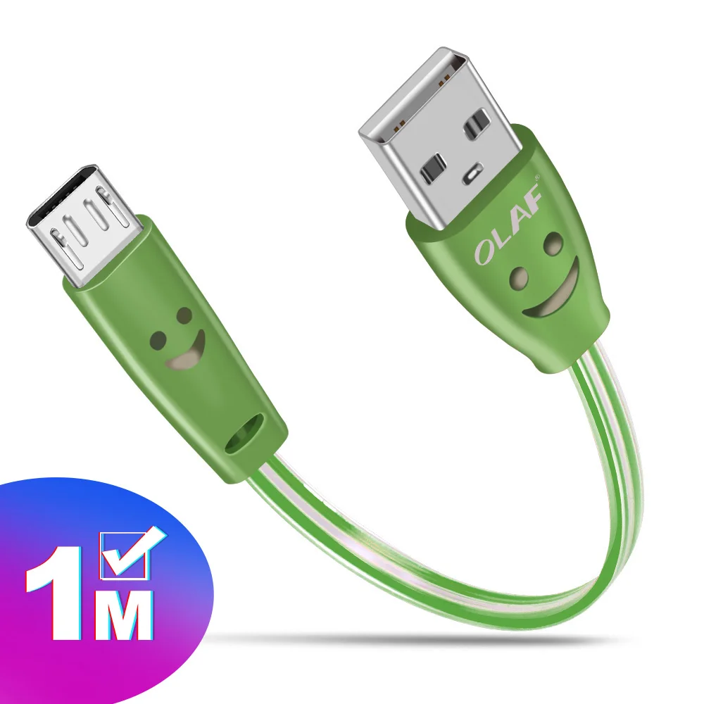 Green Олаф микро USB светящийся светодиодный светильник Быстрая зарядка данных улыбка мобильный телефон кабель для samsung Xiaomi Redmi Android usb зарядный шнур 1 м - Цвет: Green