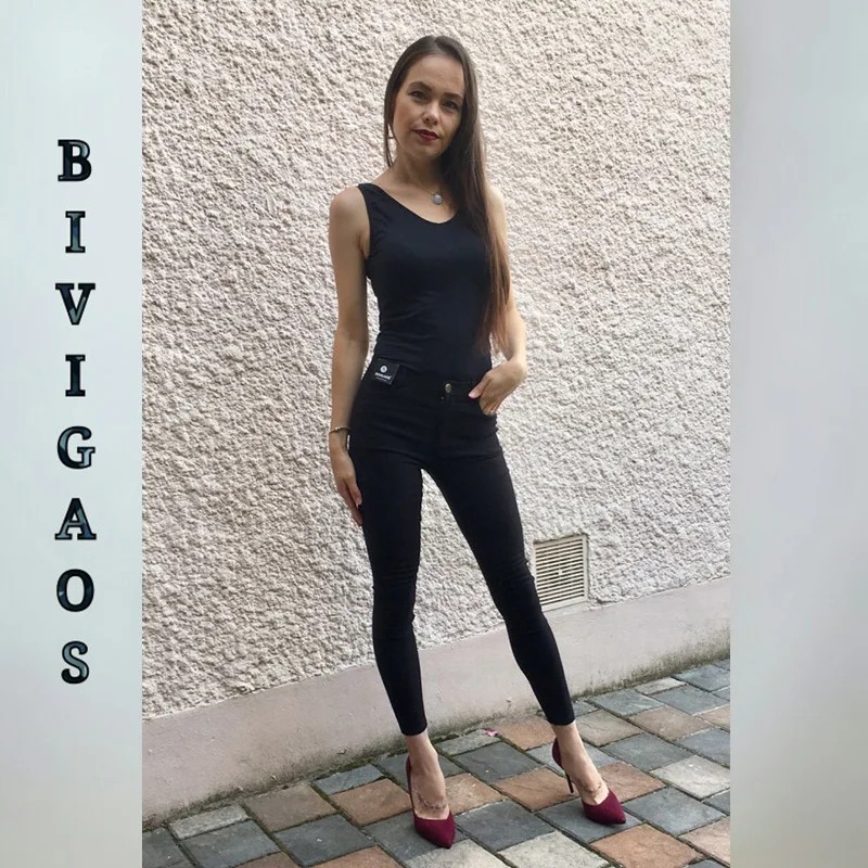 BIVIGAOS Мода и досуг для женщин s тонкий тканые черный девять брюки на молнии Кнопки планка леггинсы для узкие брюки карандаш эластичные
