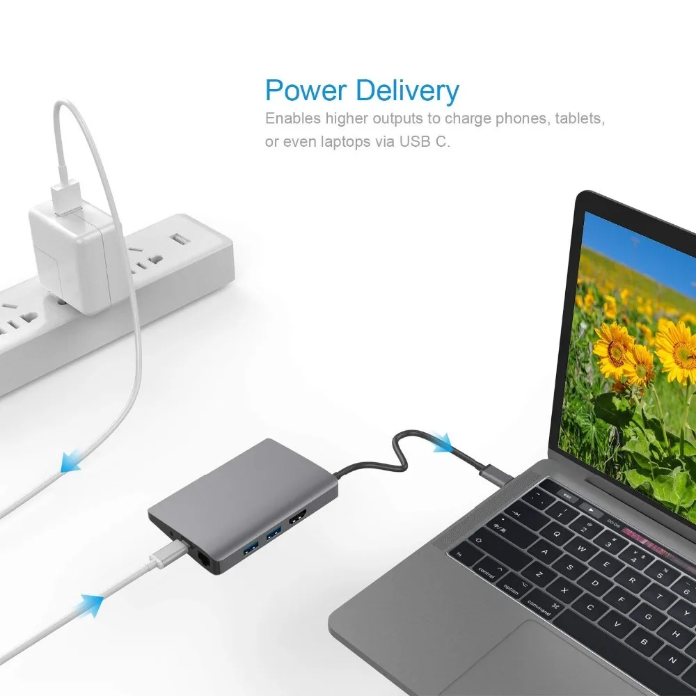 USB C концентратор 8-в-1 адаптер с гигабитным Ethernet Type источник питания HDMI выход SD и TF