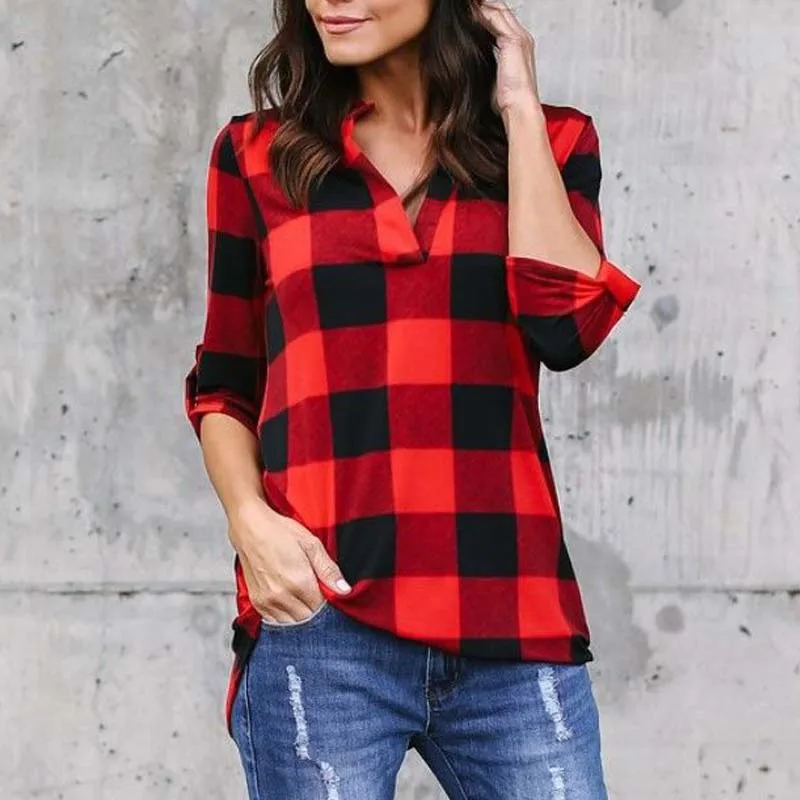 Women Fashion V Neck Long Sleeve Loose Blouse Casual Check Plus Size S 5XL Plaid Baggy Shirts Classic Pullovers |