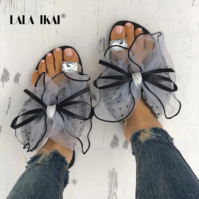 LALA IKAI/женские шлепанцы в горошек с бантом бабочкой летние пляжные модная обувь на