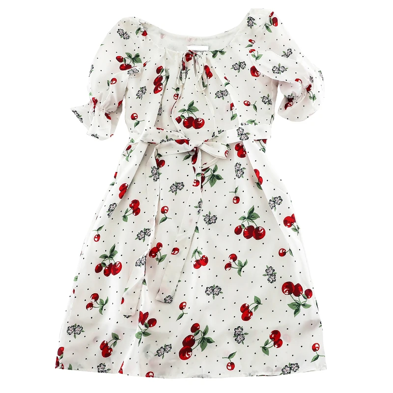 2019 новые модные женские платья свежие летние drawstring ремни лук Круглый воротник