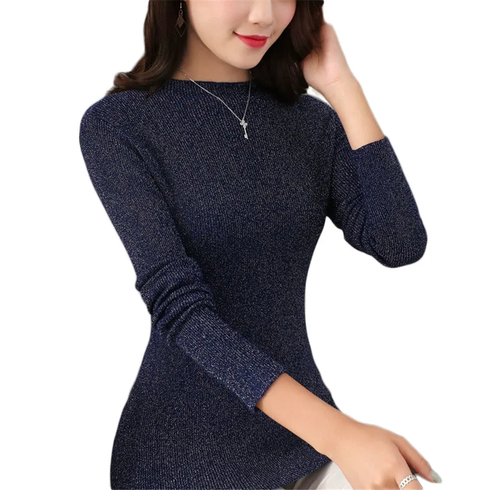 Autumn Winter Women Shiny Lurex Sweaters 2019 Casual Long Sleeve Turtleneck Pullovers Lady Slim Tops Female High Elastic Jumper | Женская