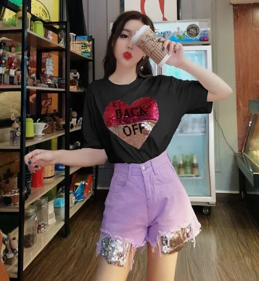 2018 модная летняя женская футболка с короткими рукавами и блестками + джинсовые