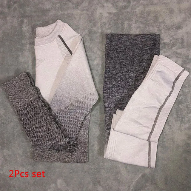 Gray white 2Pcs set Бесшовный комплект для йоги; одежда для спортзала; Комплект для тренировок; спортивный костюм с длинным рукавом; укороченный топ для фитнеса; Леггинсы для йоги; Спортивный костюм; спортивная одежда для бега - Цвет: Gray white 2Pcs set