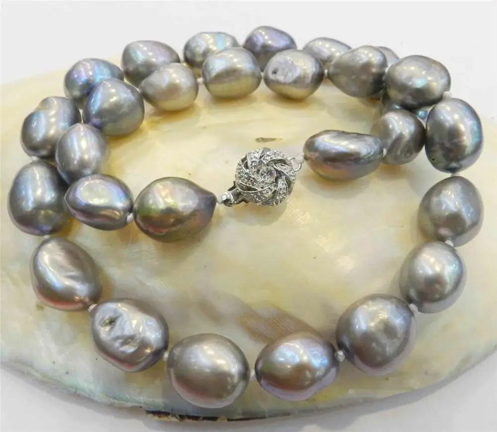 

LARGE 12-14MM GRAY REAL BAROQUE CULTURED PEARL NECKLACE 18KGP CRYSTAL AA