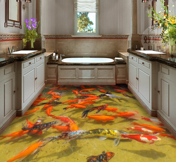 [Самоклеющиеся] 3D Koi Fish Pond 44 Нескользящая водонепроницаемая фото самоклеющаяся