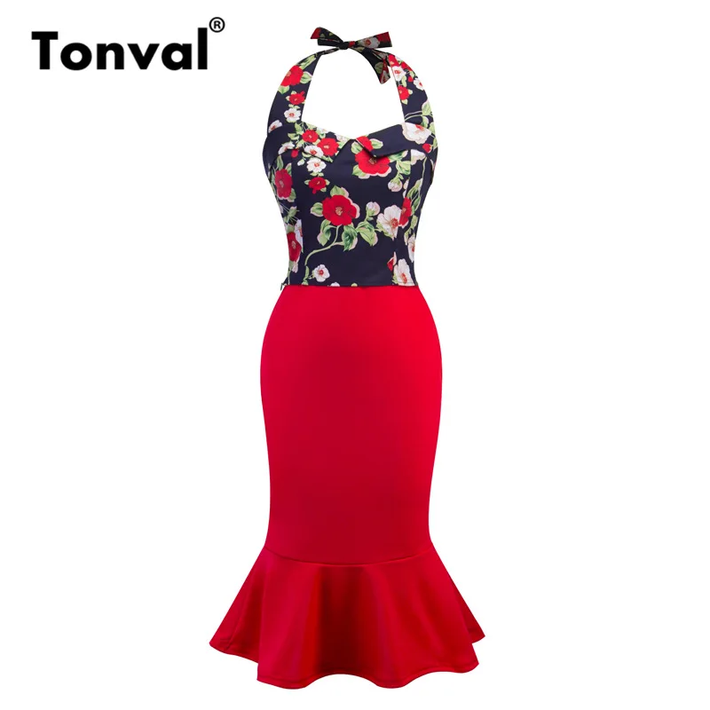 Красный Tonval Винтаж Красный Bodycon рюшами подол рыбий хвост платье Для женщин Цветочный Принт Холтер пикантные вечерние элегантное платье из двух частей миди платья - Цвет: Красный