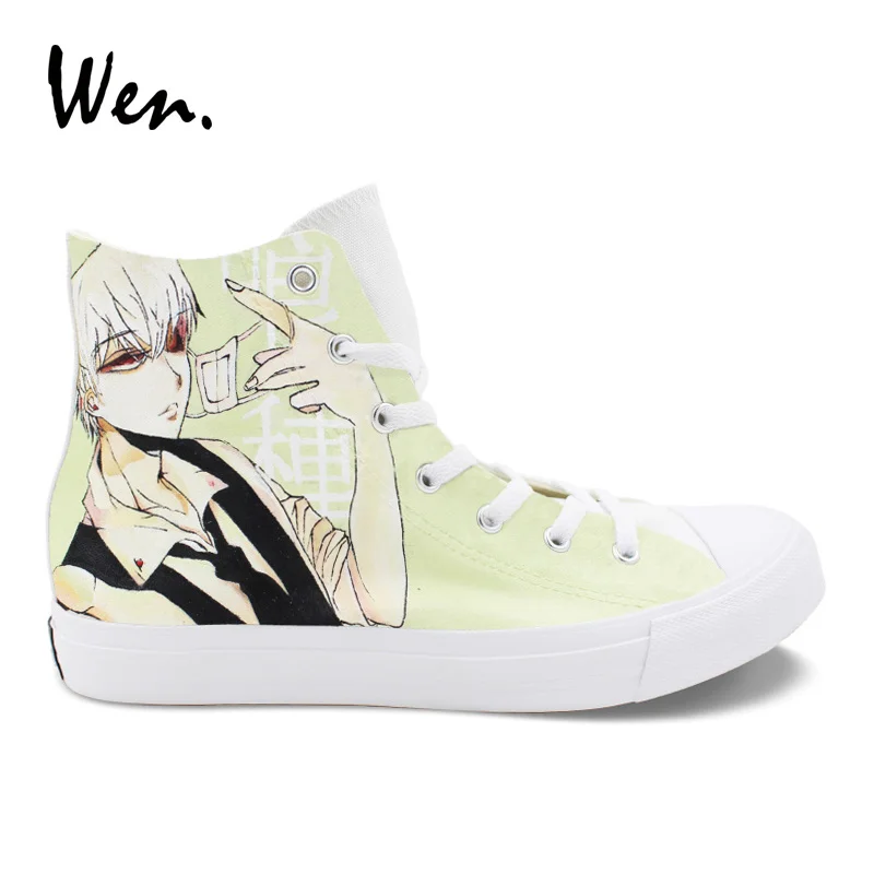 

Wen Anime Design Hand Painted Canvas Shoes Tokyo Ghouls White High Top Sneakers Skateboard Unisex Athletic Laced Shoes