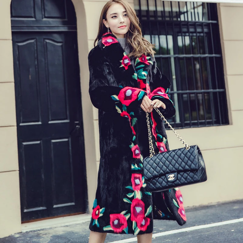LVCHI female length noble winter Customizable Fur coat mink fur jacket stylish 3D floral new women thick maxi real mink coats
