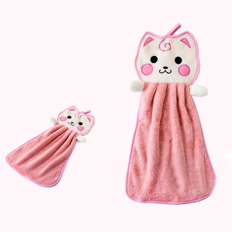 Pink Милое кошачье полотенце для рук s для детей, мягкое Коралловое кухонное полотенце для мытья посуды, мультяшное животное, полотенце для детского сада - Цвет: Pink