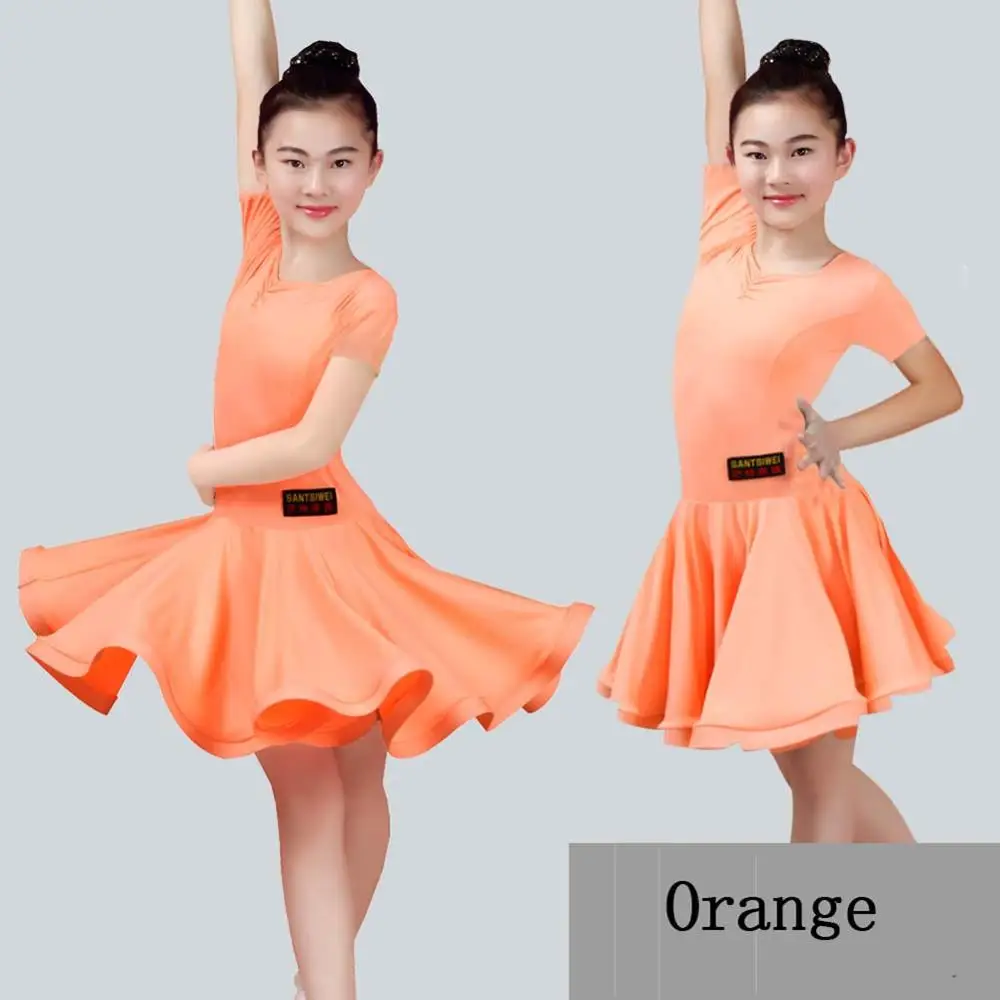 Orange Short Sleeve Девушка Латинской платье для танцев 3 вида цветов синий/розовый показывает девушка цыганские юбки индийские костюмы для детей презентации одежда - Цвет: Orange Short Sleeve