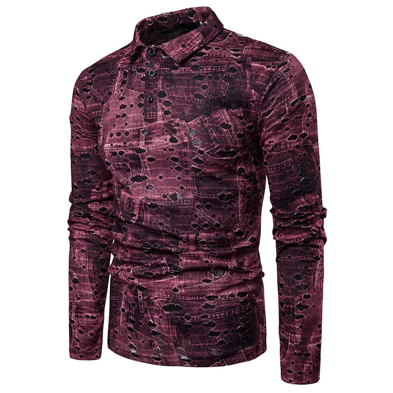 Мужские хипстерские футболки поло с дырками и принтом в стиле ретро черные