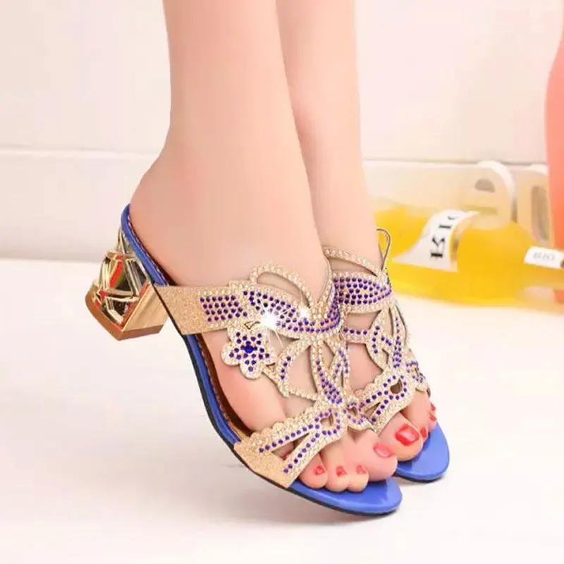 

YeddaMavis Women Slippers Blue Rhinestones Slippers Women Shoes 2019 Summer Fashion PU Flip Flops Womens Shoes Woman Size 35 -41