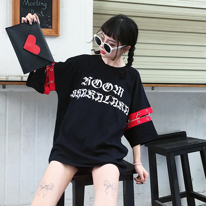 Neploe летняя черная женская футболка японский Harajuku Готический Стиль Повседневная футболка Топы с принтом букв кольцо дизайн женские футболки 39063